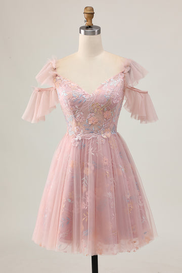 Blush A-Line Cold Shoulder Floral Short Homecoming Dress with Appliques